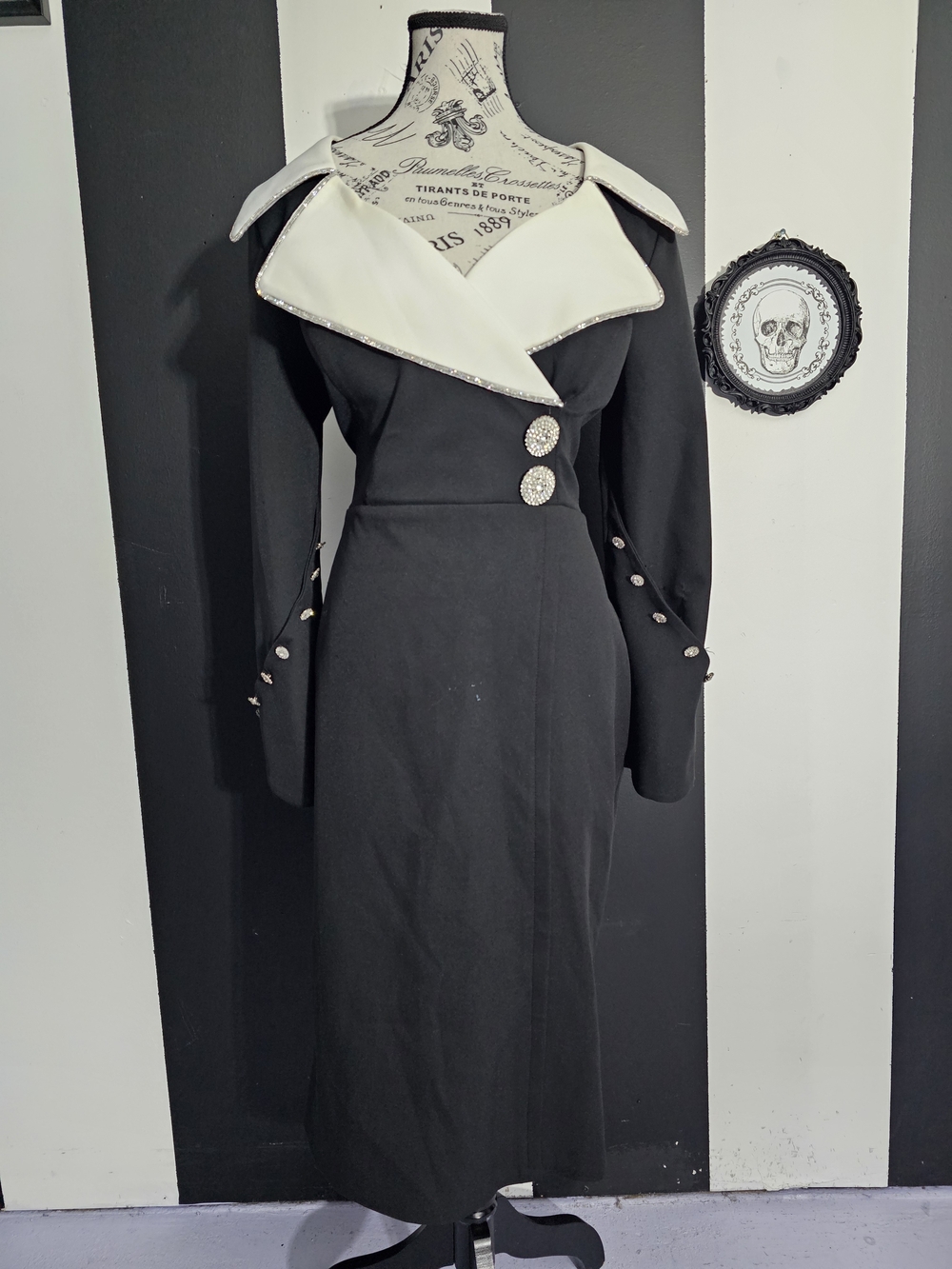 Black Midi Dress with Cream Collar and Rhinestone Buttons